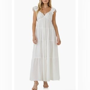 Free The Roses Sweetheart Neck Beige 100% Cotton Gauze Tiered Maxi Dress, Med